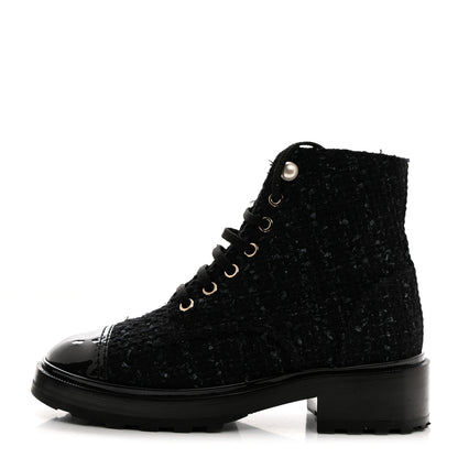 Chanel Tweed Patent Calfskin Pearl Combat Short Boots 36.5 Black Grey Blue 1 of 9