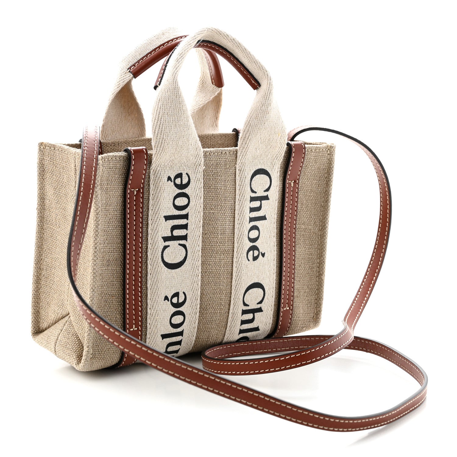 Chloe Cotton Calfskin Mini Woody Ribbon Tote White Brown White Brown 3 of 10