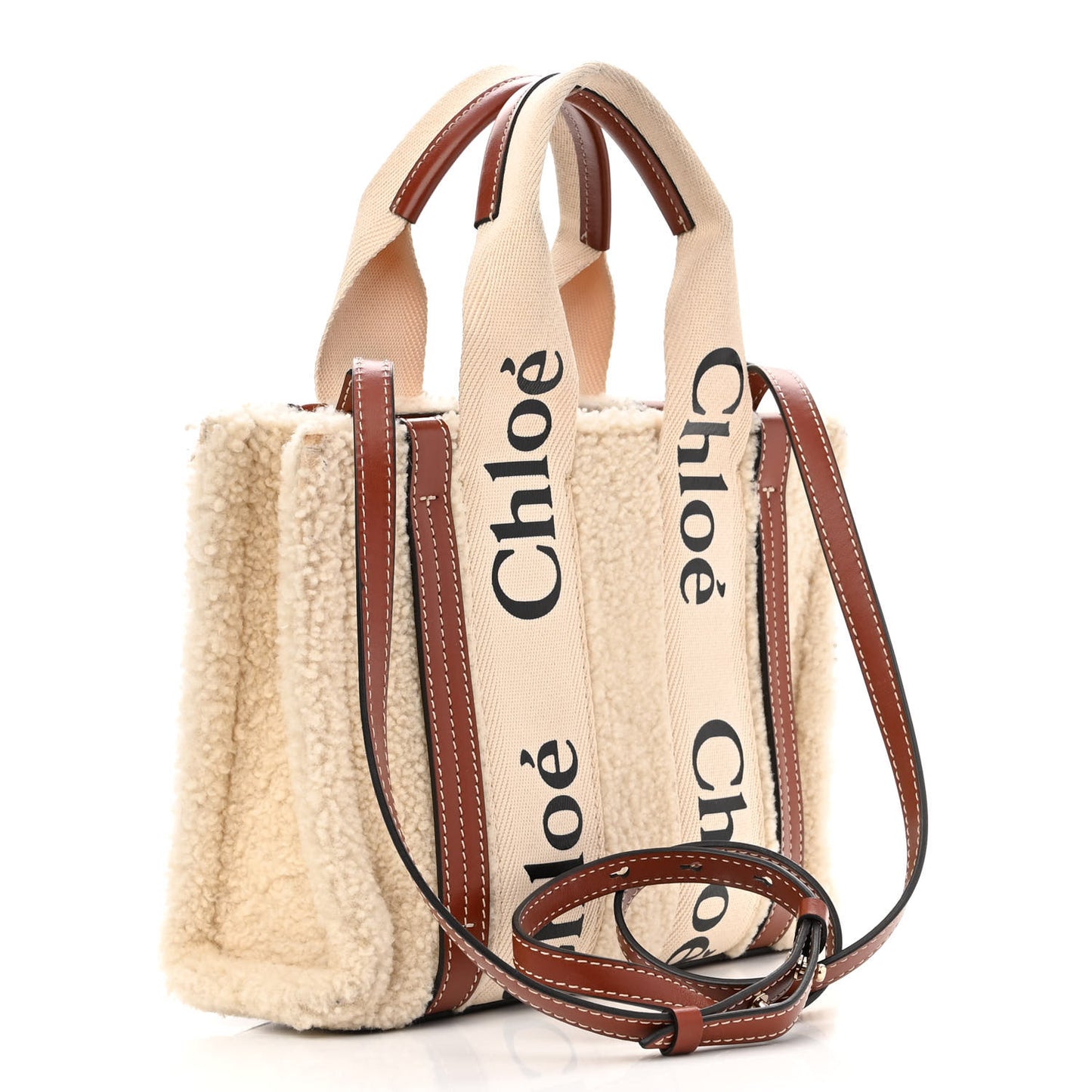 Shearling Calfskin Small Woody Ribbon Tote With Strap Mild Beige
