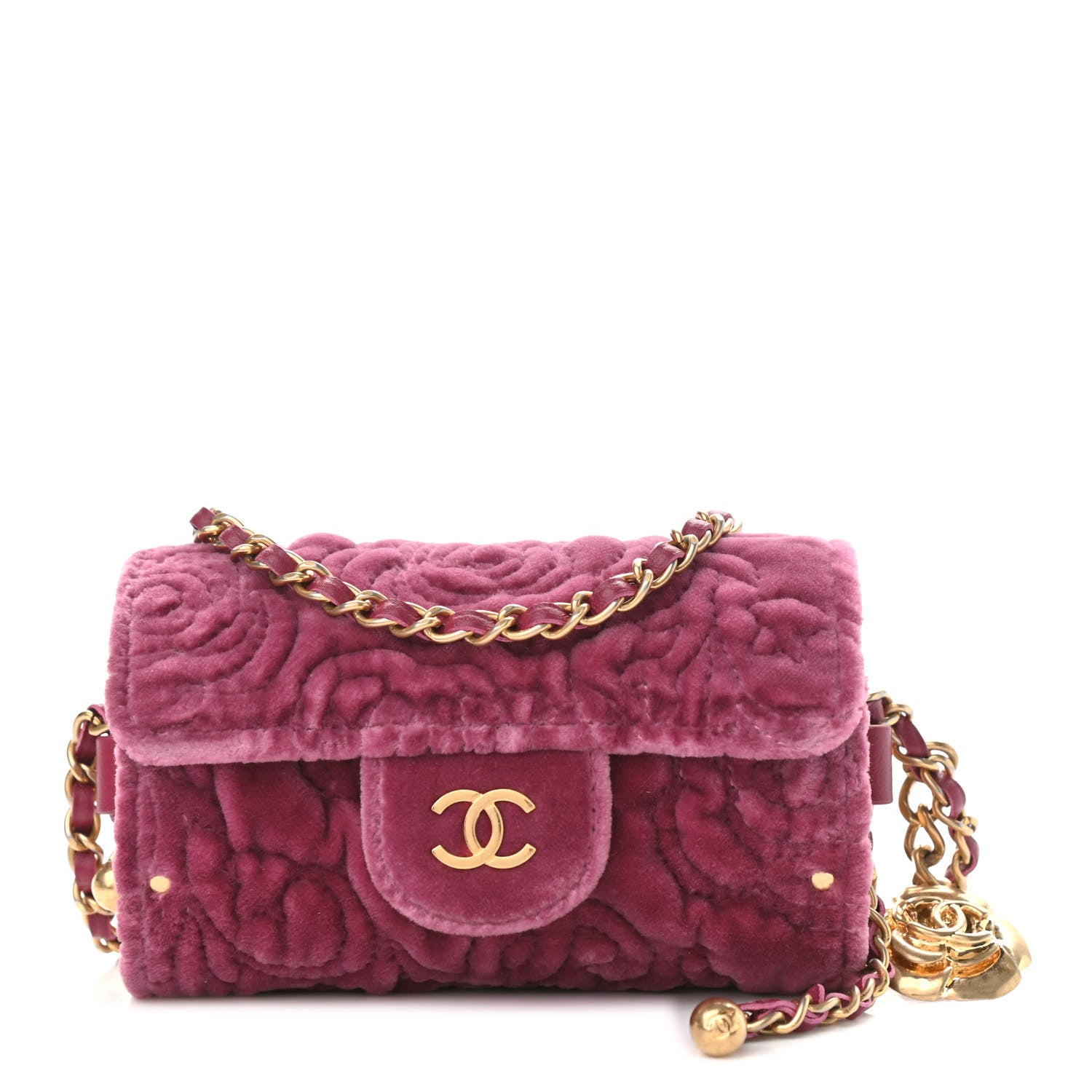Chanel Velvet Camellia Embossed Jewel Belt Card Holder With Chain Pink 1 of 9