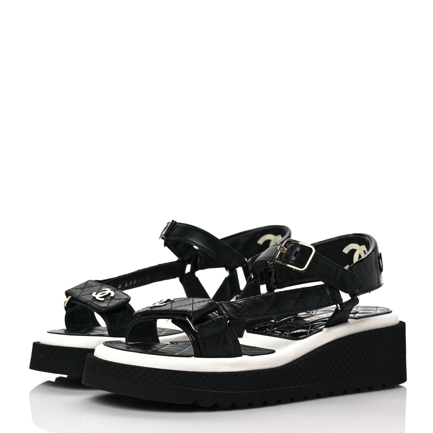 Chanel Lambskin Logo Platform Sandals 37 Black White 3 of 8