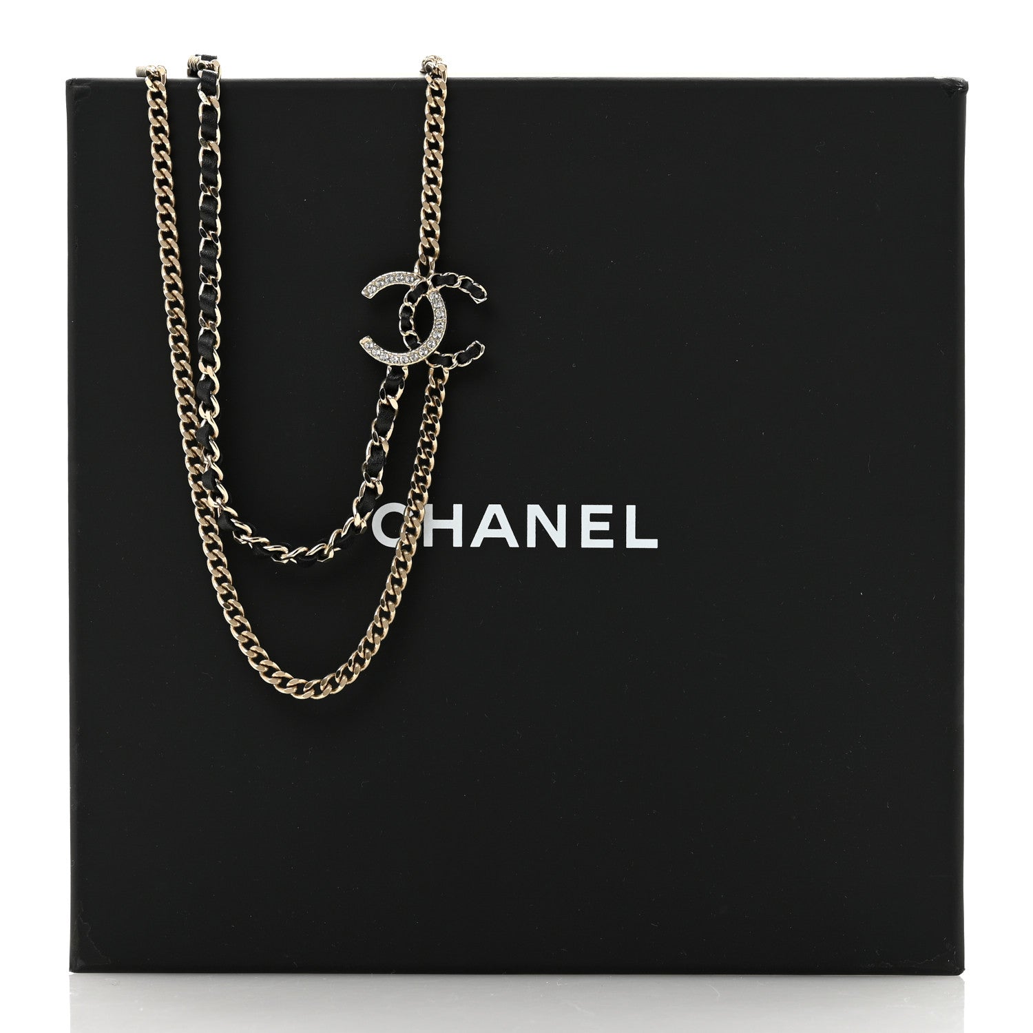 Chanel Metal Calfskin Crystal CC Chain Necklace Black Gold 7 of 7