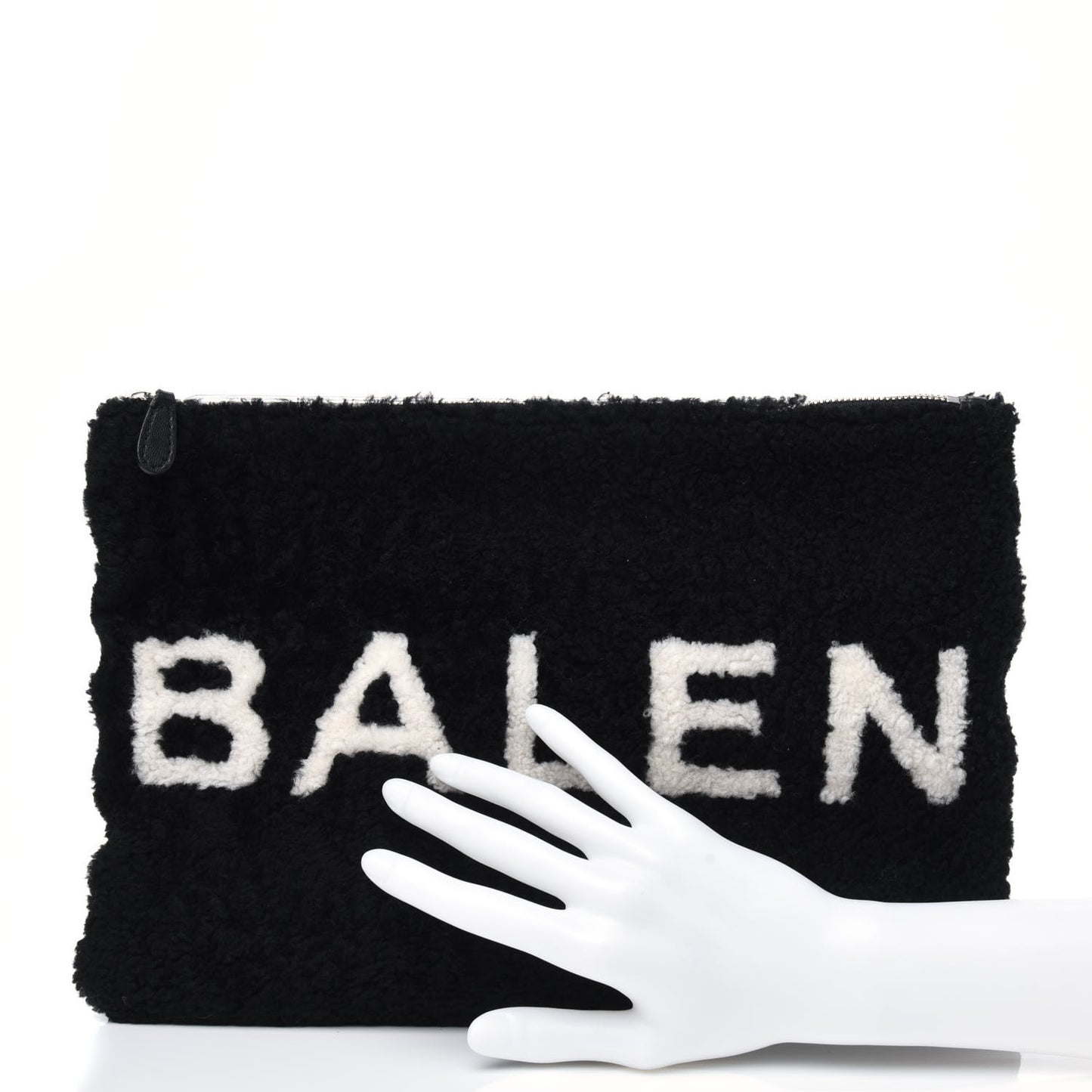 Sheepskin Shearling Contrasted Logo Large Zip Pouch Black