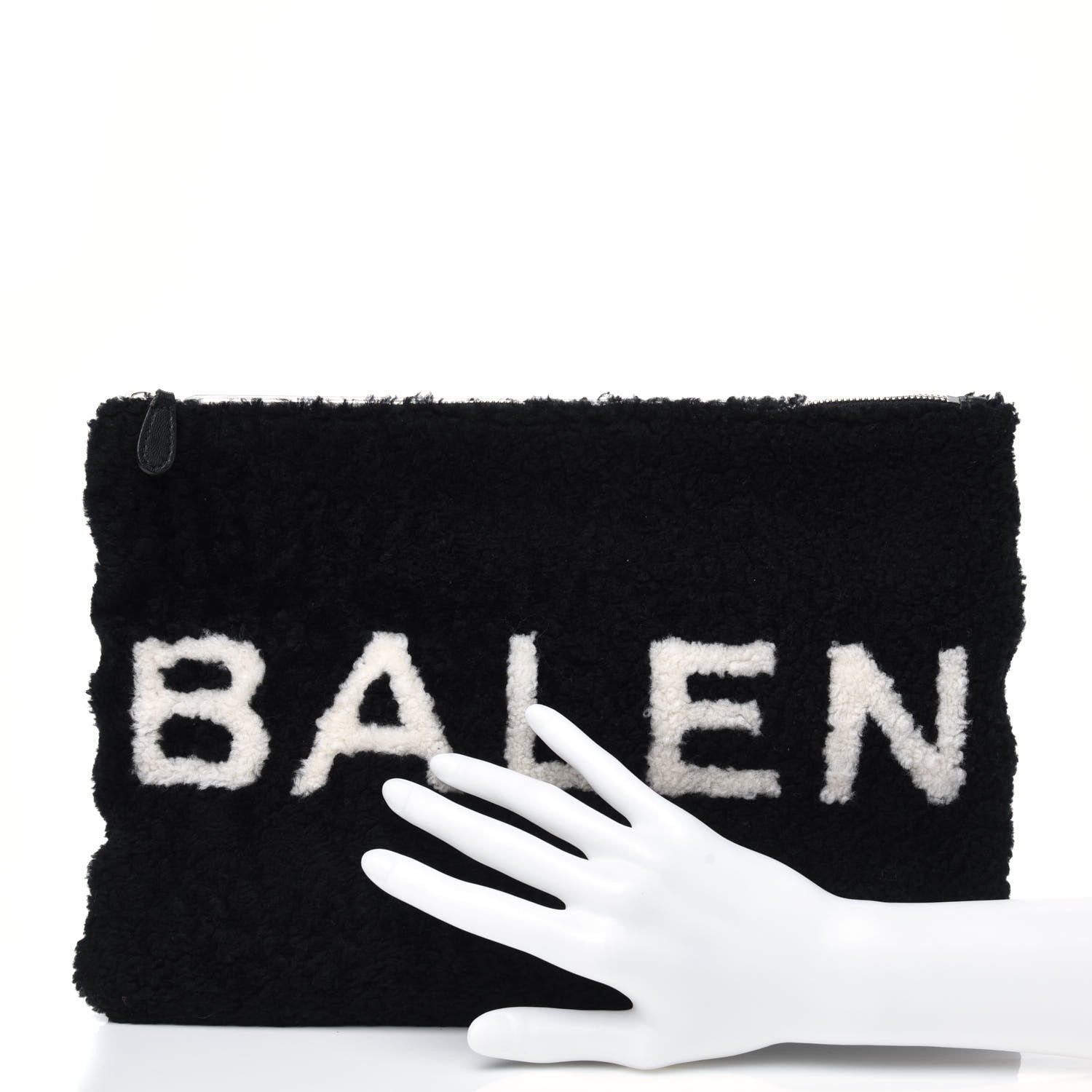 Balenciaga Sheepskin Shearling Contrasted Logo Large Zip Pouch Black 2 of 13