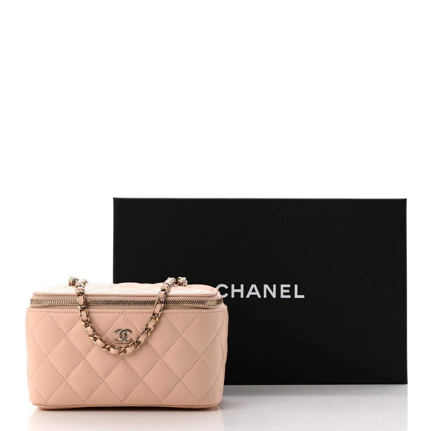 Caviar Quilted Small Vanity Case With Chain Light Beige