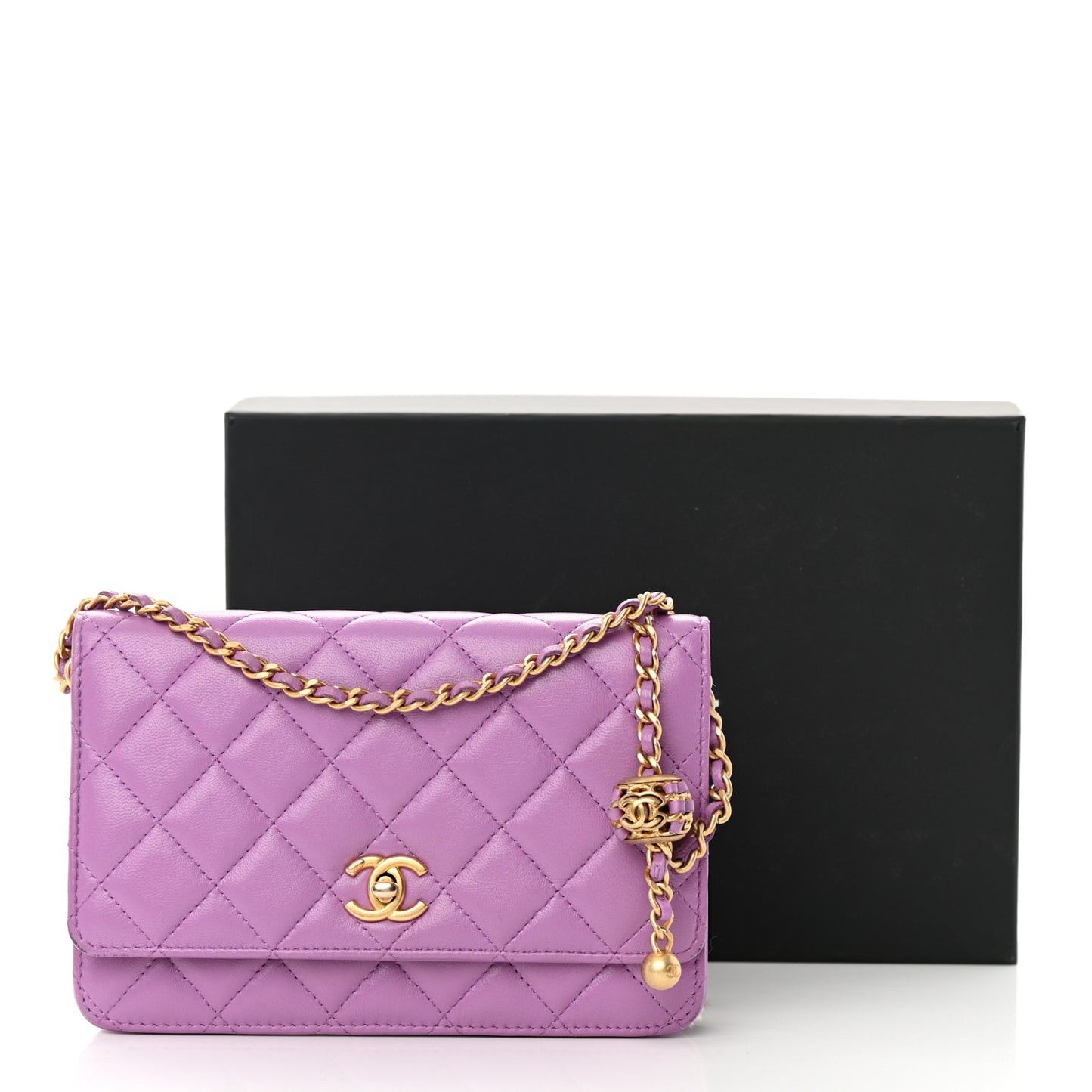 Lambskin Quilted CC Pearl Crush Wallet on Chain WOC Purple