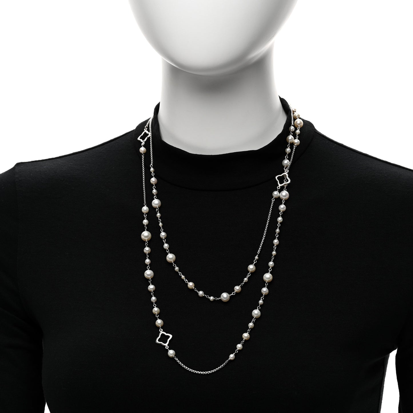 Sterling Silver Pearl Quatrefoil Long Chain Necklace