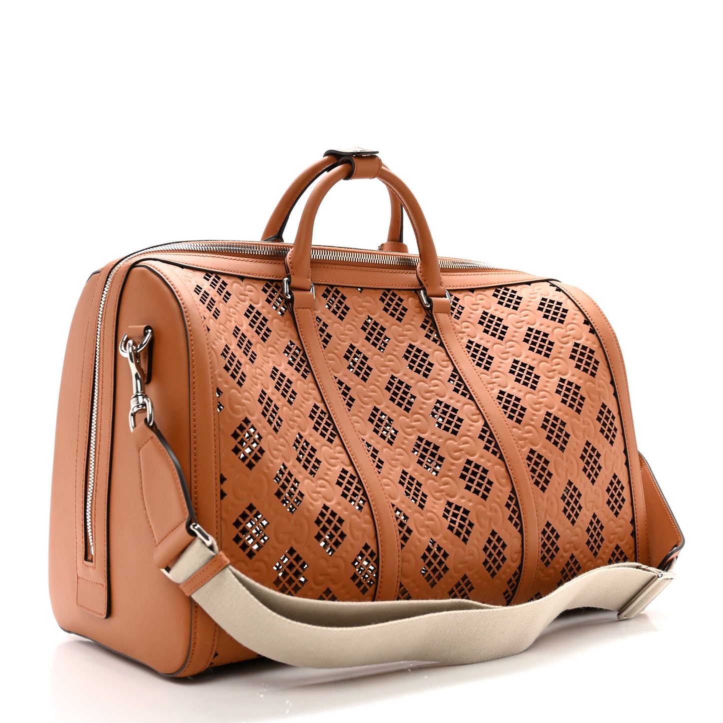 Calfskin Cut Out GG Embossed Medium Duffle Bag Harness Brown