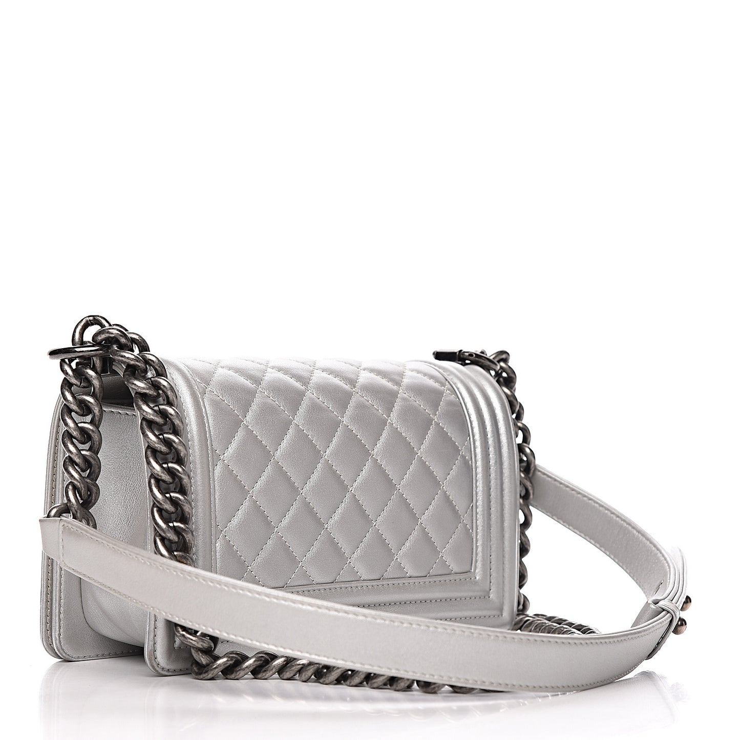 Metallic Calfskin Quilted Small Boy Flap Silver