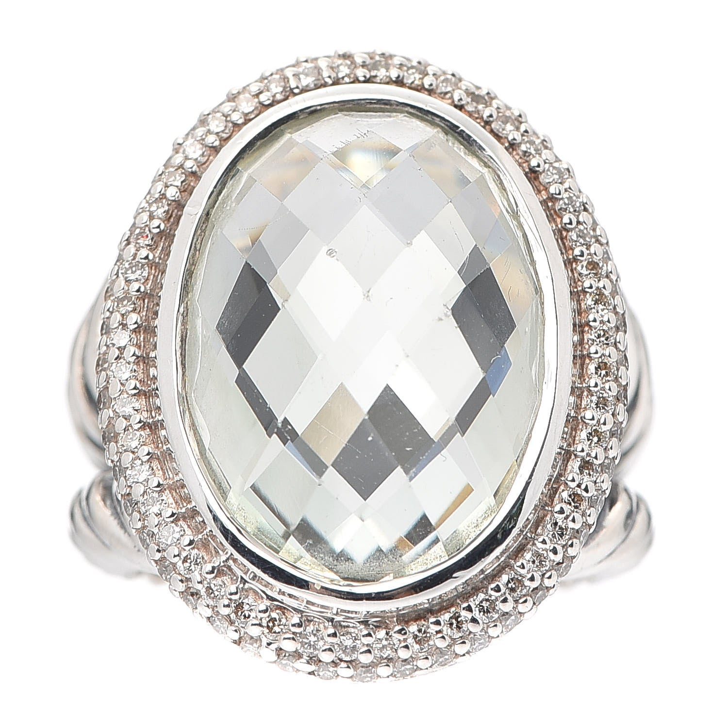 David Yurman Sterling Silver Diamond Prasiolite 18mm Signature Oval Ring 51 5.75 1 of 6