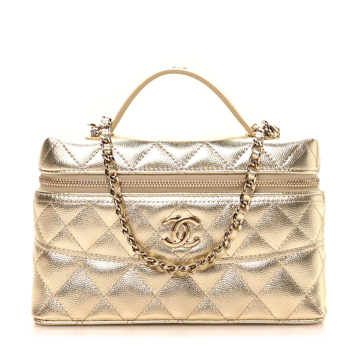 Metallic Caviar Quilted Trendy Handle Slim Vanity Gold