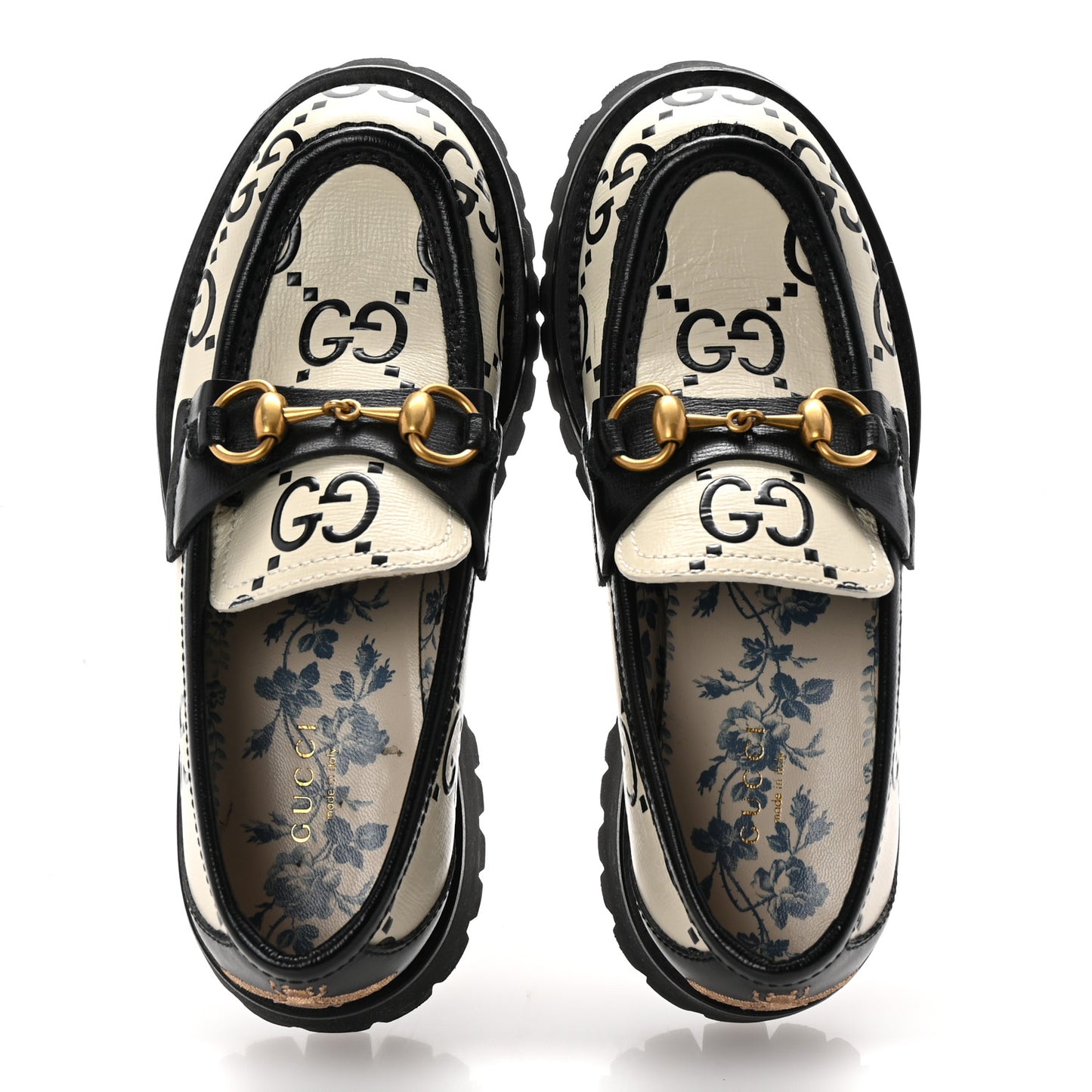 Azalea Calfskin GG Monogram Bi-Color Debossed Womens Harald Horsebit 25mm Platform Loafers 36 Mystic White Black
