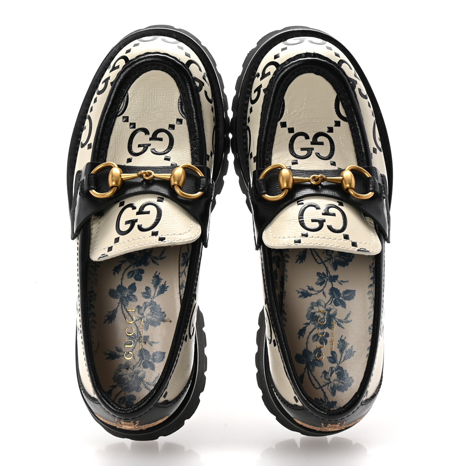 Gucci Azalea Calfskin GG Monogram Bi-Color Debossed Womens Harald Horsebit 25mm Platform Loafers 36 Mystic White Black 2 of 10