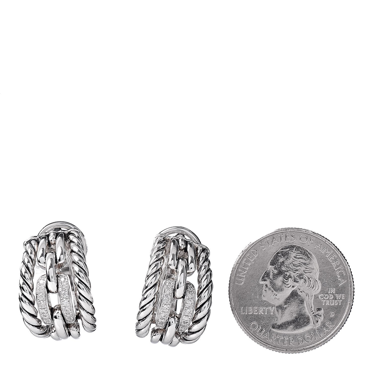 David Yurman Sterling Silver Diamond Wellesley Link Hoop Earrings 2 of 4