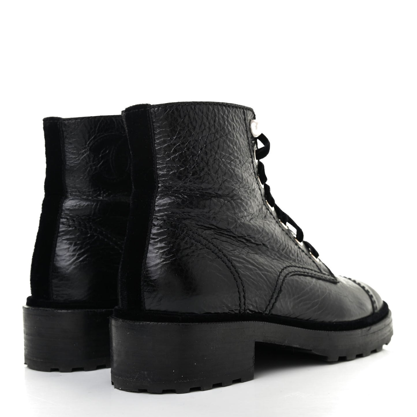 Calfskin Velvet Pearl Combat Short Boots 39.5 Black