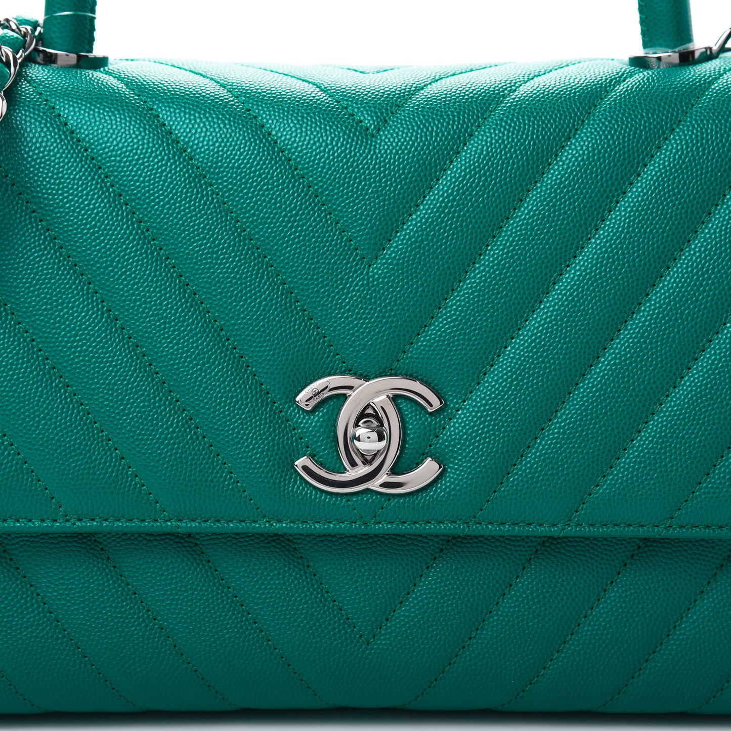 Caviar Chevron Quilted Small Coco Handle Flap Green