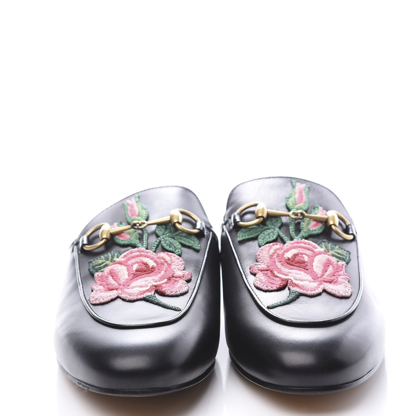 Calfskin Flower Embroidered Womens Princetown Slippers 38 Black