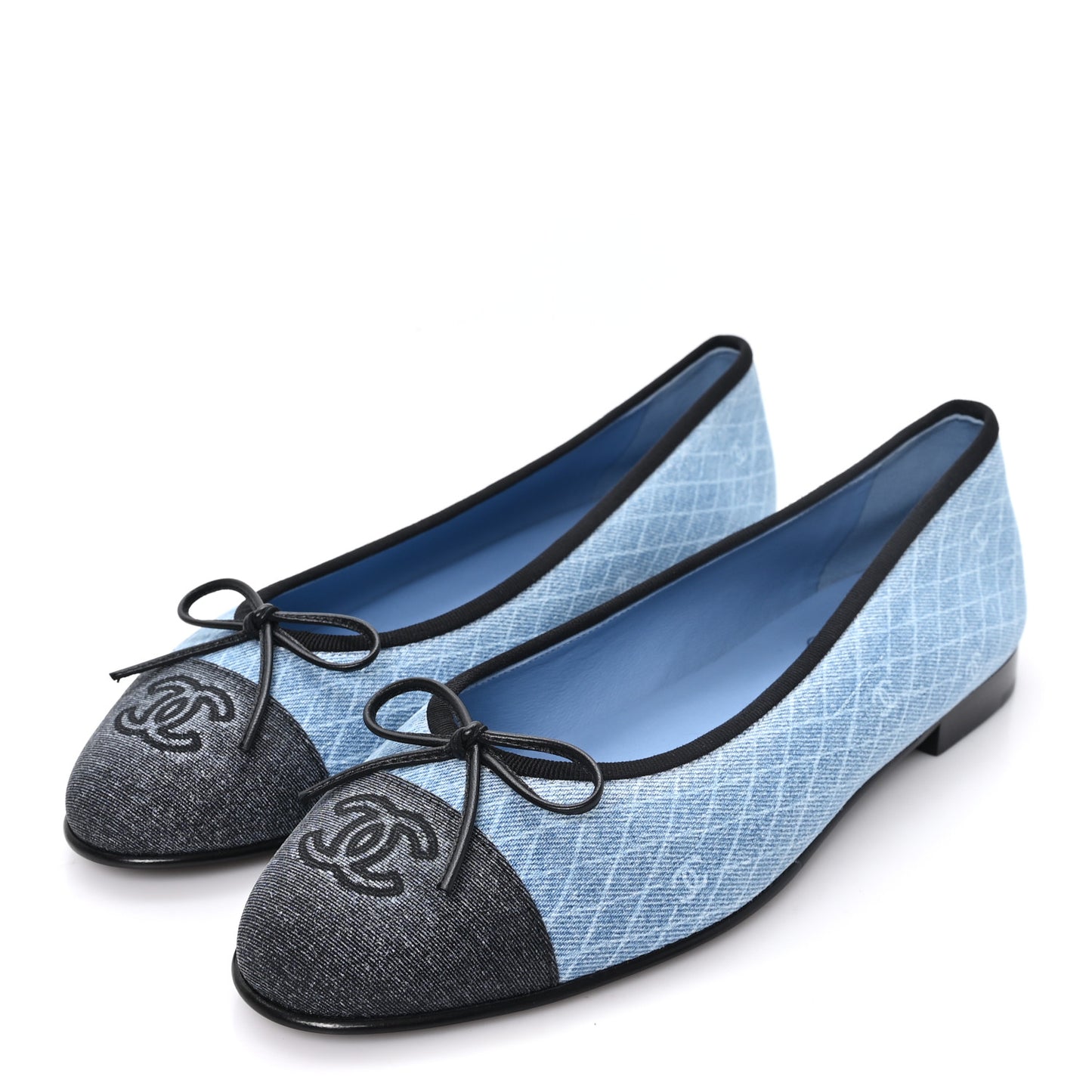 Denim Printed Quilt CC Cap Toe Ballerina Flats 40 Light Blue Dark Grey