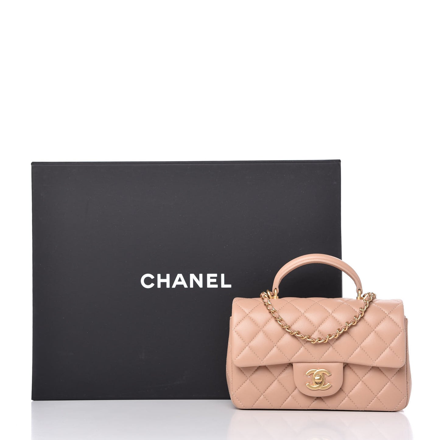 Lambskin Quilted Mini Top Handle Rectangular Flap Beige