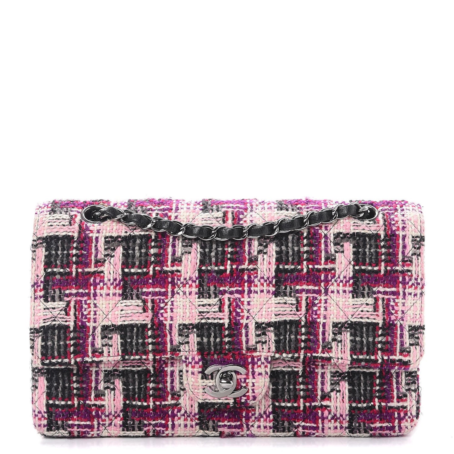 Tweed Quilted Medium Double Flap Pink Black