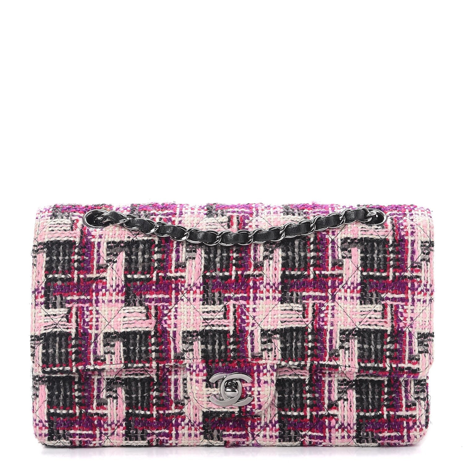 Chanel Tweed Quilted Medium Double Flap Pink Black 1 of 12
