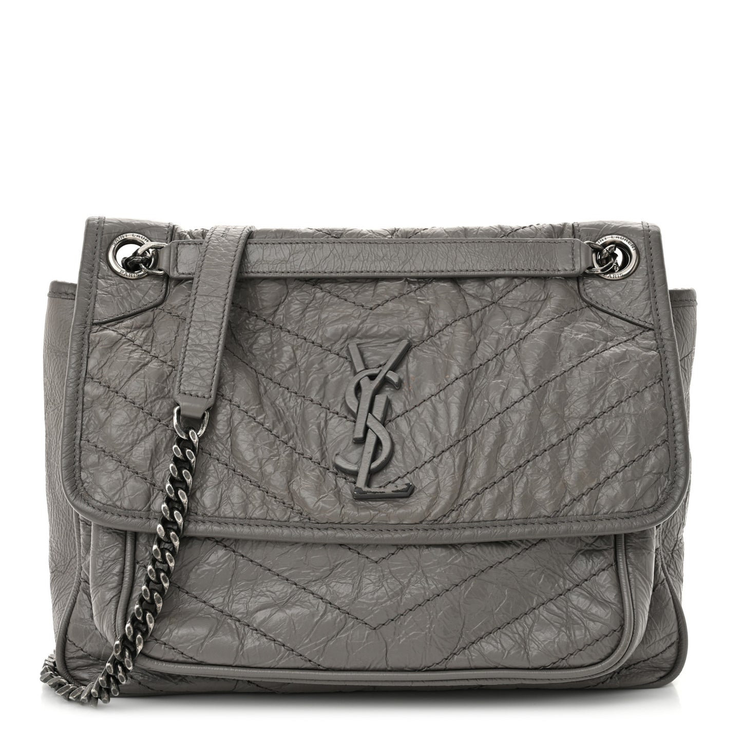 Crinkled Calfskin Matelasse Monogram Medium Niki Chain Satchel Fog