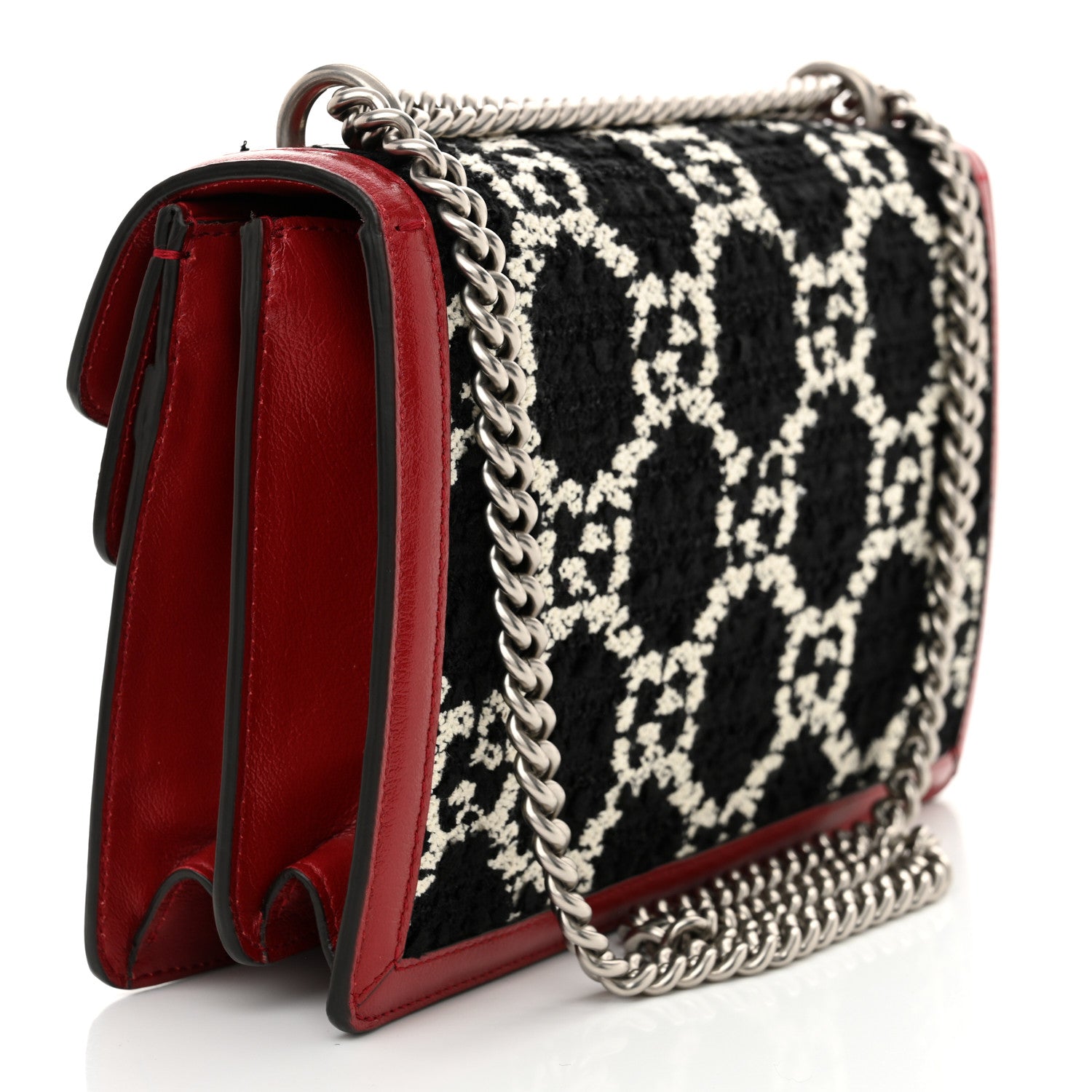 Gucci Tweed GG Monogram Small Dionysus Shoulder Bag Black White Romantic Cherry 3 of 12