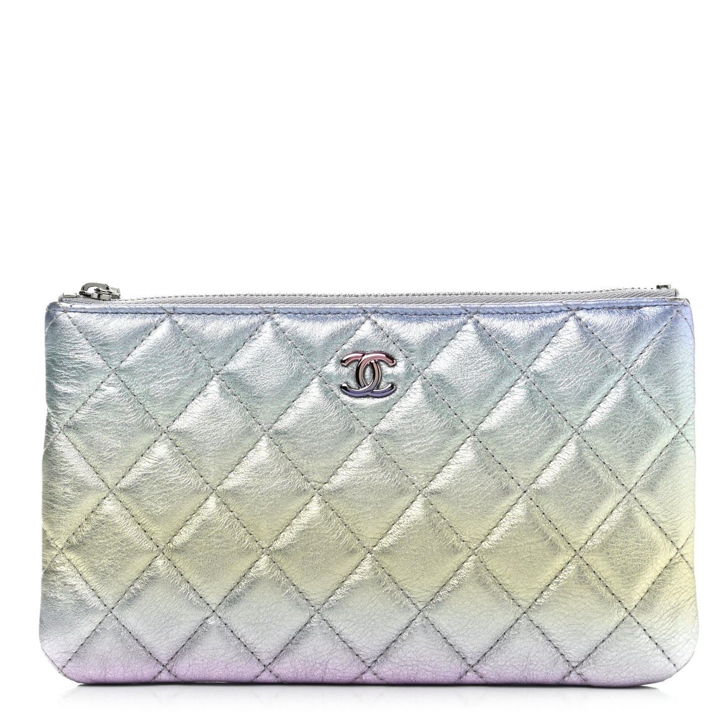 Gradient Metallic Calfskin Quilted Cosmetic Case Silver Blue Yellow Purple