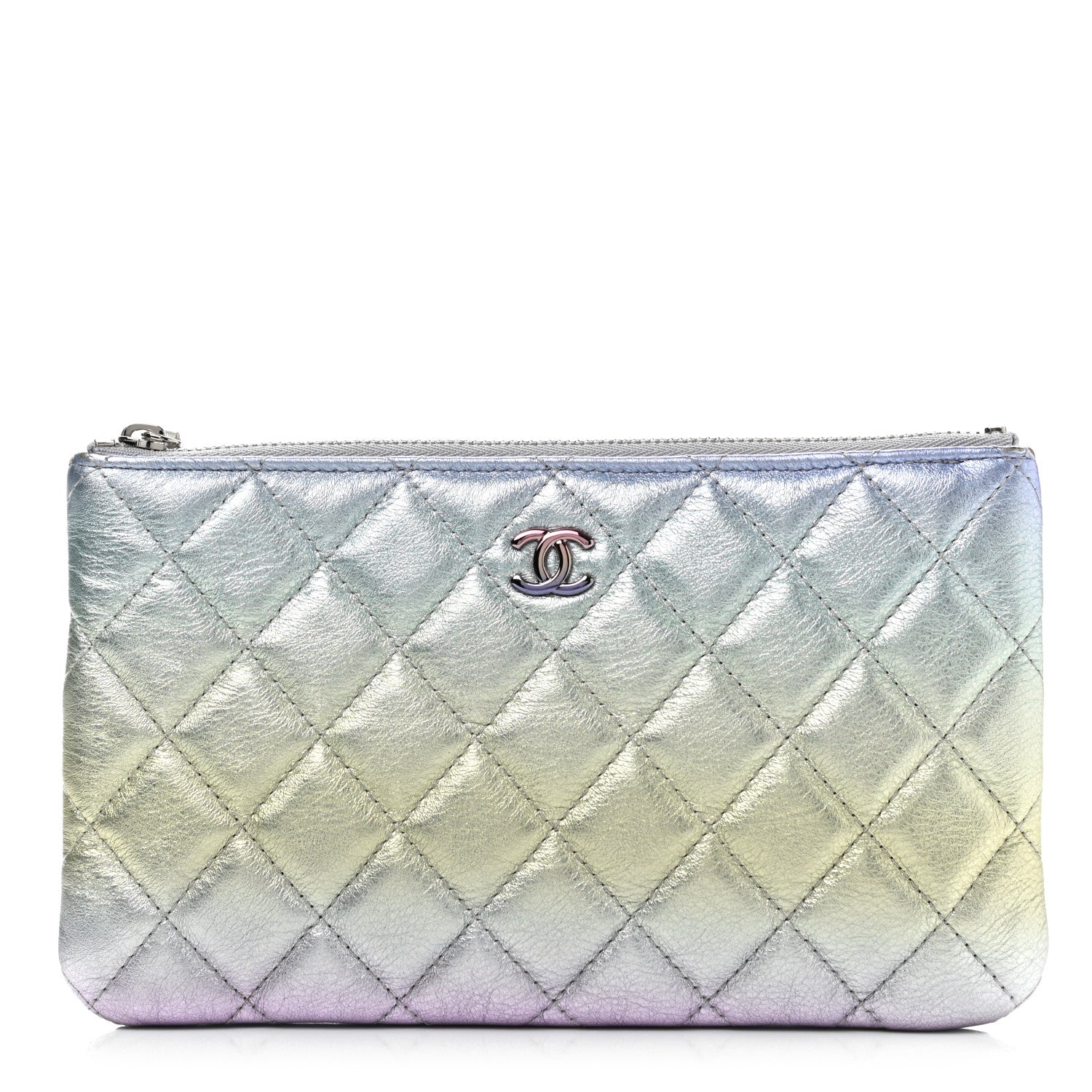 Chanel Gradient Metallic Calfskin Quilted Cosmetic Case Silver Blue Yellow Purple 1 of 8