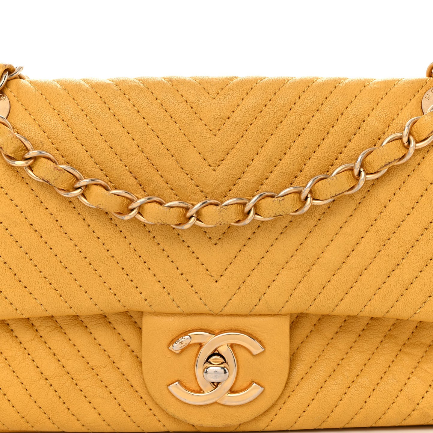 Calfskin Chevron Quilted Small Surpique Flap Yellow