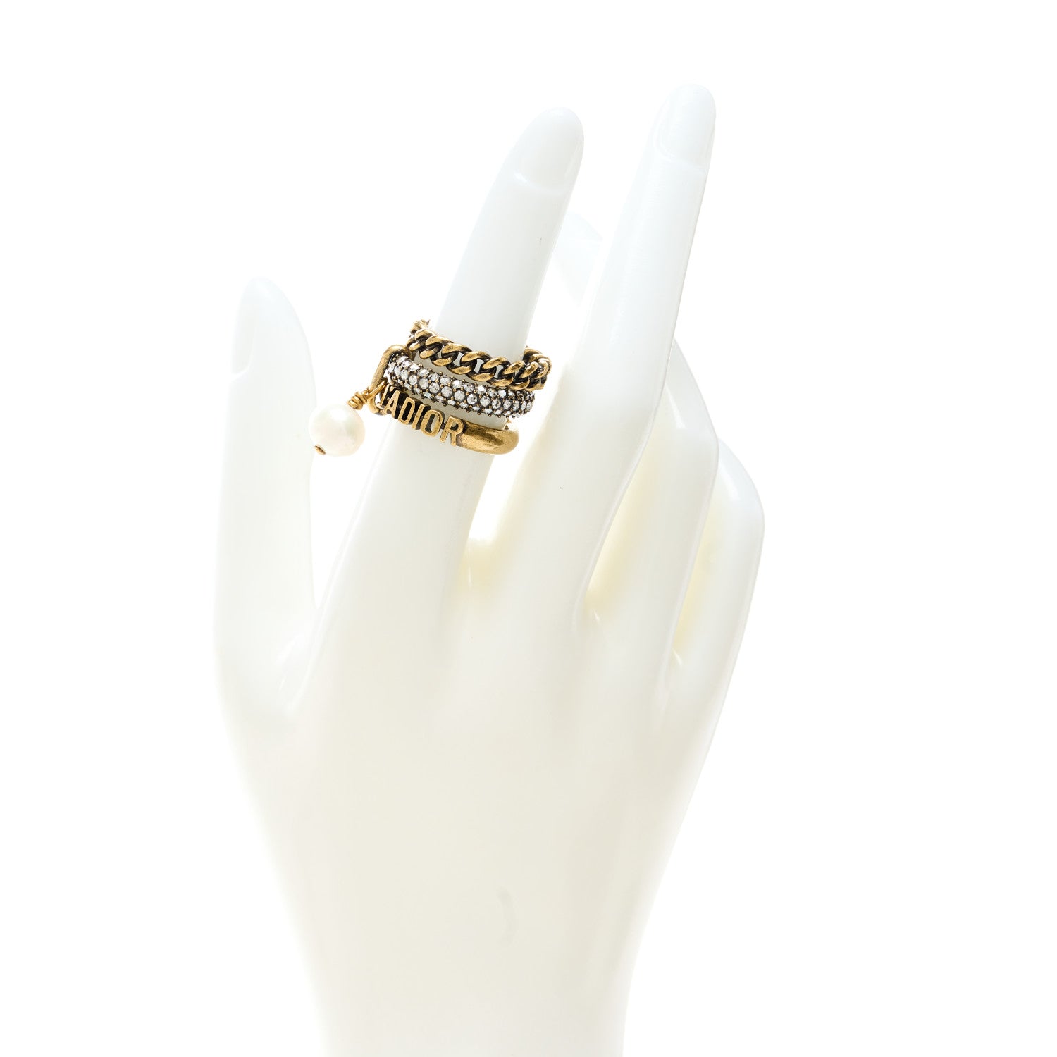 Christian Dior Crystal Pearl Chain J'adior Ring S 50 5.25 Gold 2 of 4