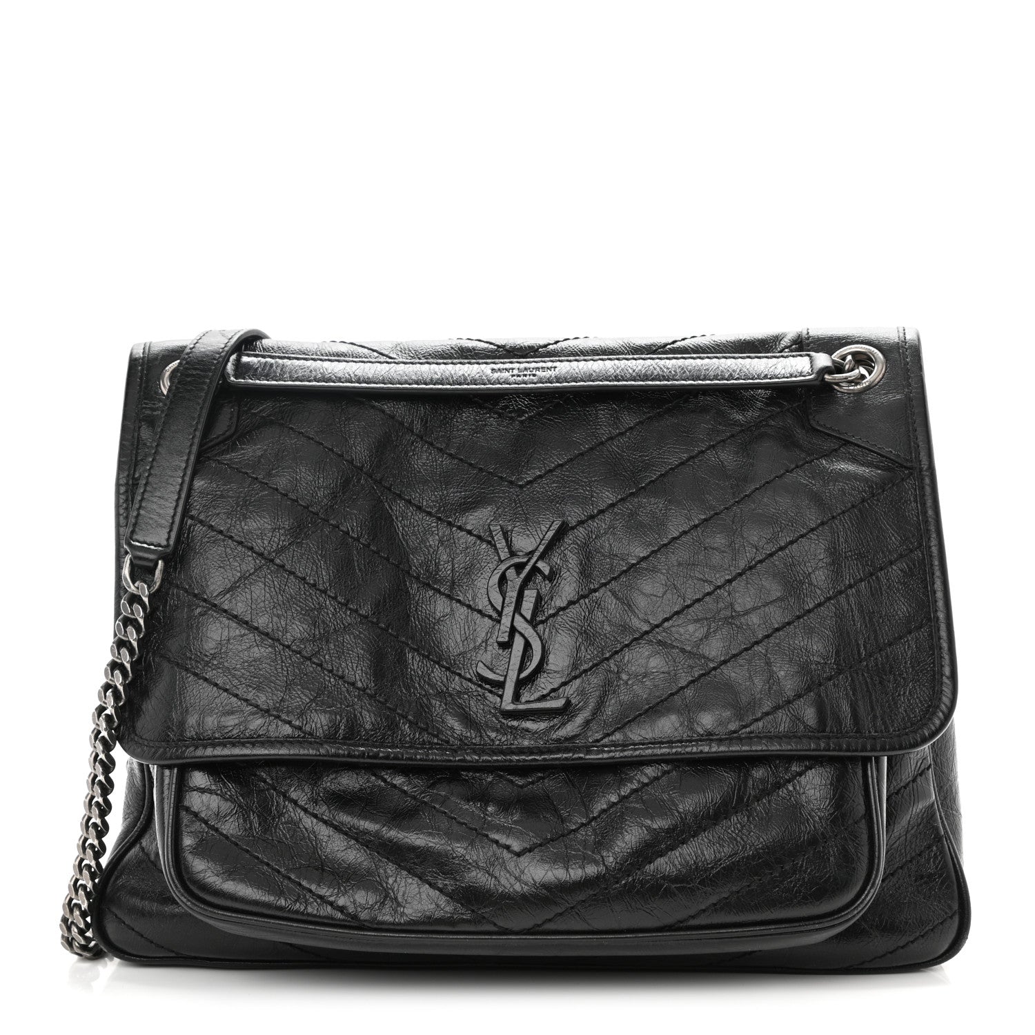 Saint Laurent Crinkled Calfskin Matelasse Monogram Large Niki Chain Satchel Black 1 of 8