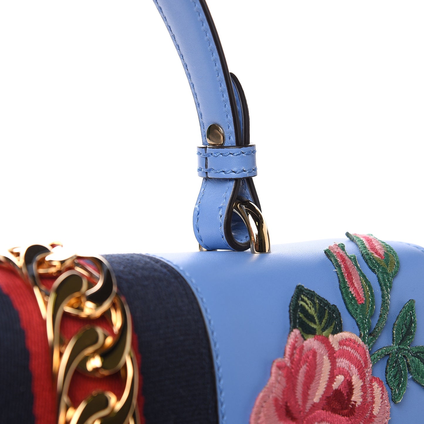 Calfskin Embroidered Medium Sylvie Top Handle Bag Clear Sky Blue
