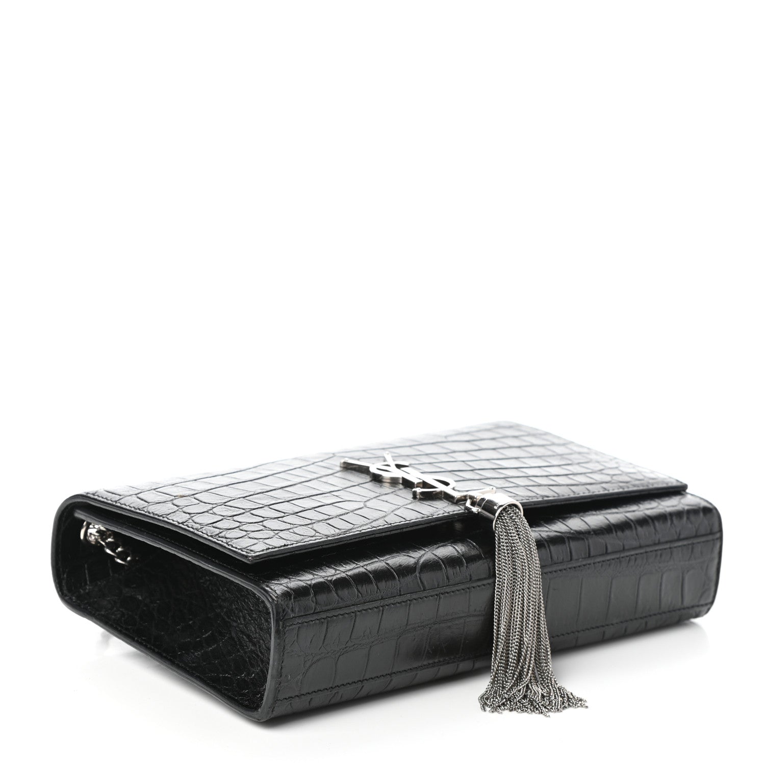 Saint Laurent Calfskin Crocodile Embossed Medium Classic Monogram Kate Tassel Satchel Black 4 of 8