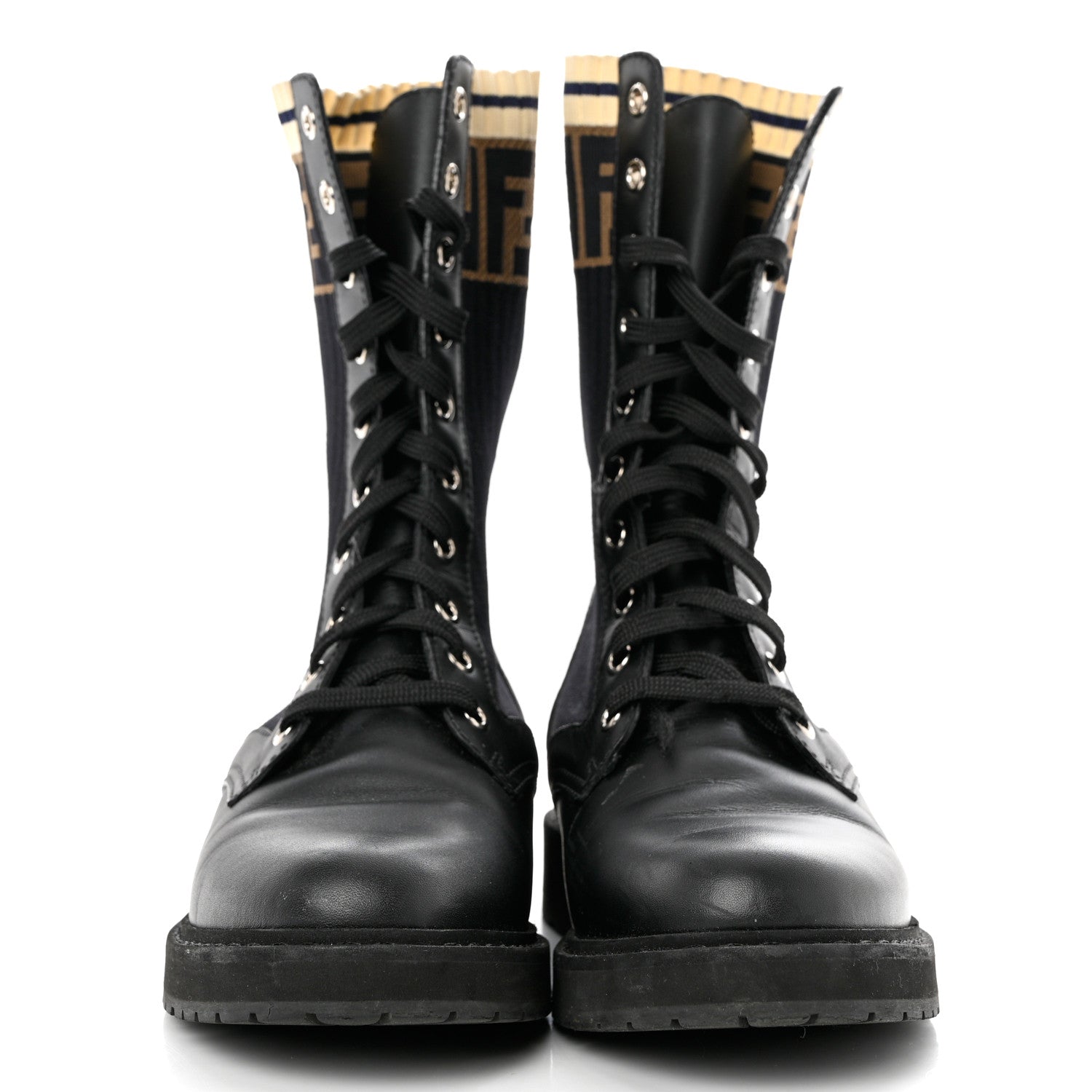 Fendi Calfskin Stretch Fabric Rockoko Biker Boots 38 Tobacco Black Marino 2 of 8