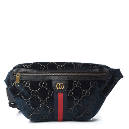 Gucci Velvet GG Monogram Web Belt Bag Blue Beige 1 of 10