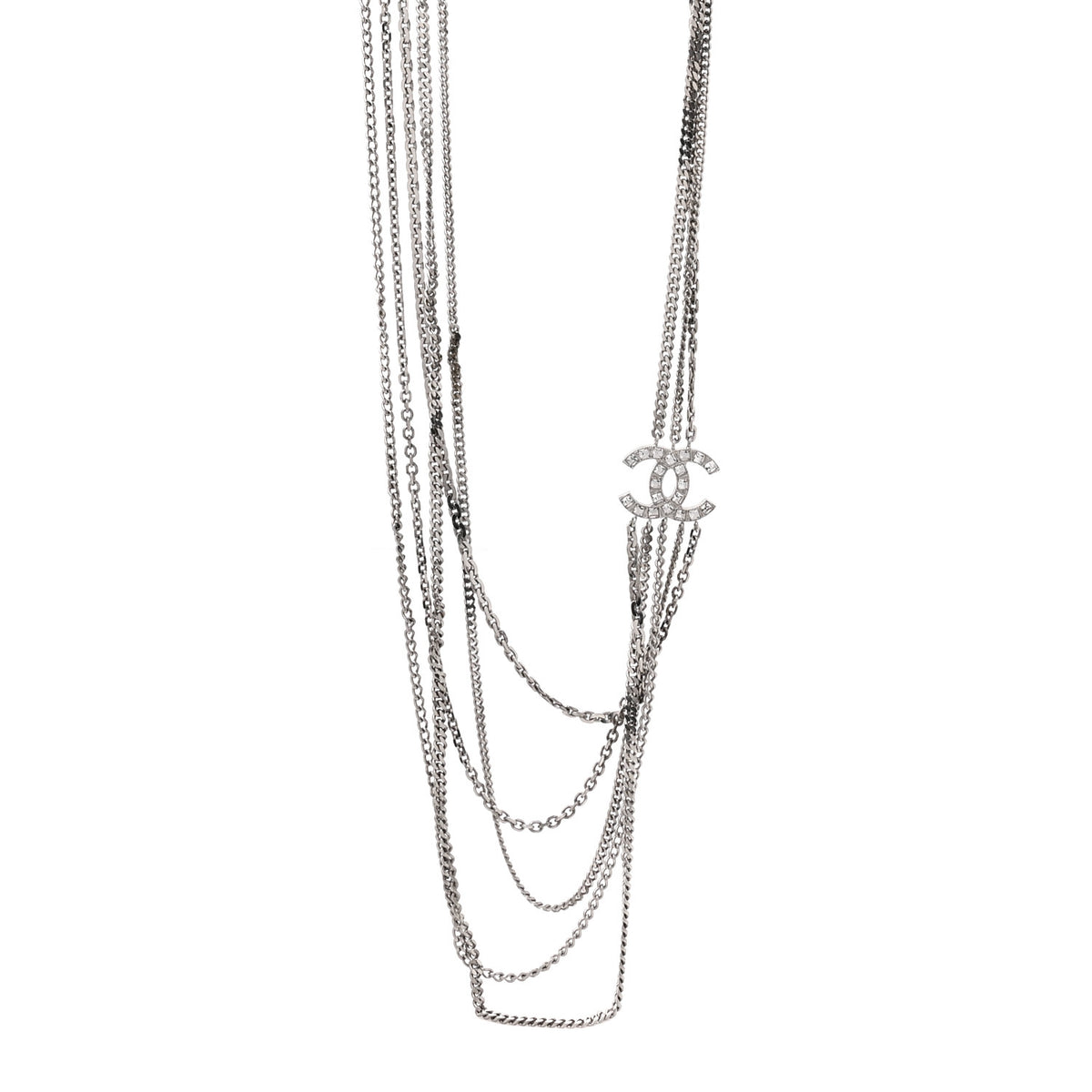 Baguette Crystal CC Shield Multi Strand Long Chain Necklace Silver