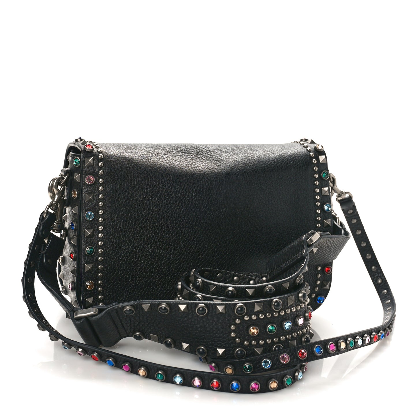 Pebbled Calfskin Medium Guitar Strap Rockstud Rolling Flap Saddle Bag Black