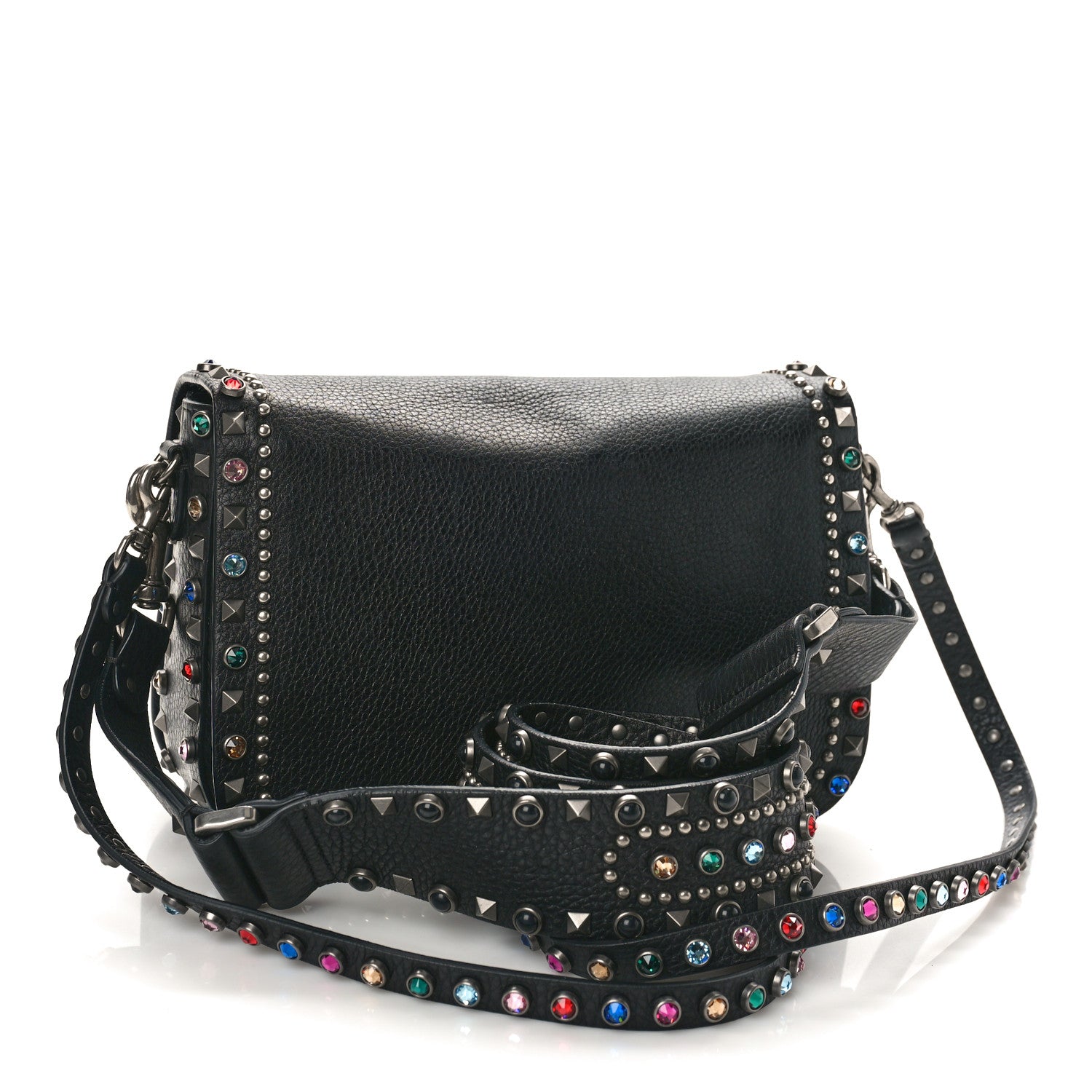 Valentino Garavani Pebbled Calfskin Medium Guitar Strap Rockstud Rolling Flap Saddle Bag Black 2 of 9