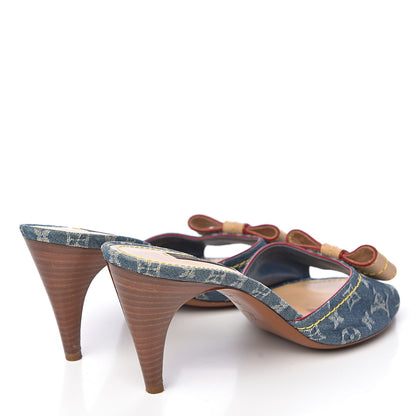 Louis Vuitton Denim Monogram Bow Mules Peep Toe Heels 38 4 of 12