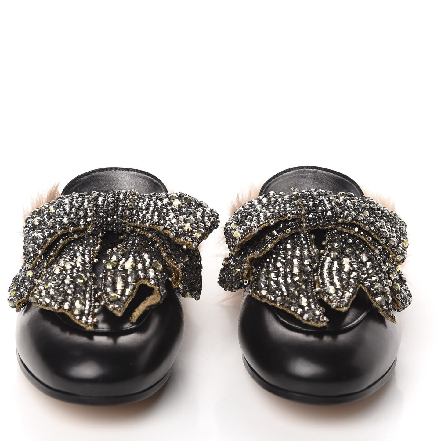 Malaga Kid Fur Crystal Bow Embroidered Womens Princetown Slippers 37.5 Black