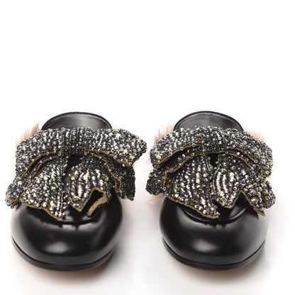 Gucci Malaga Kid Fur Crystal Bow Embroidered Womens Princetown Slippers 37.5 Black 2 of 9