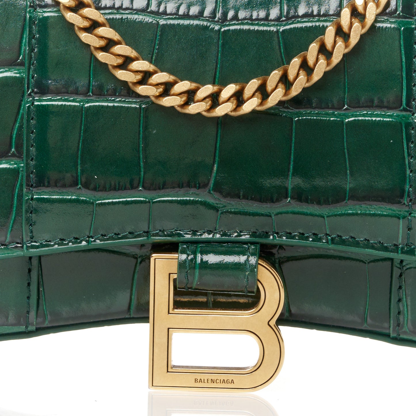 Shiny Calfskin Crocodile Embossed Hourglass Chain Bag Forest Green