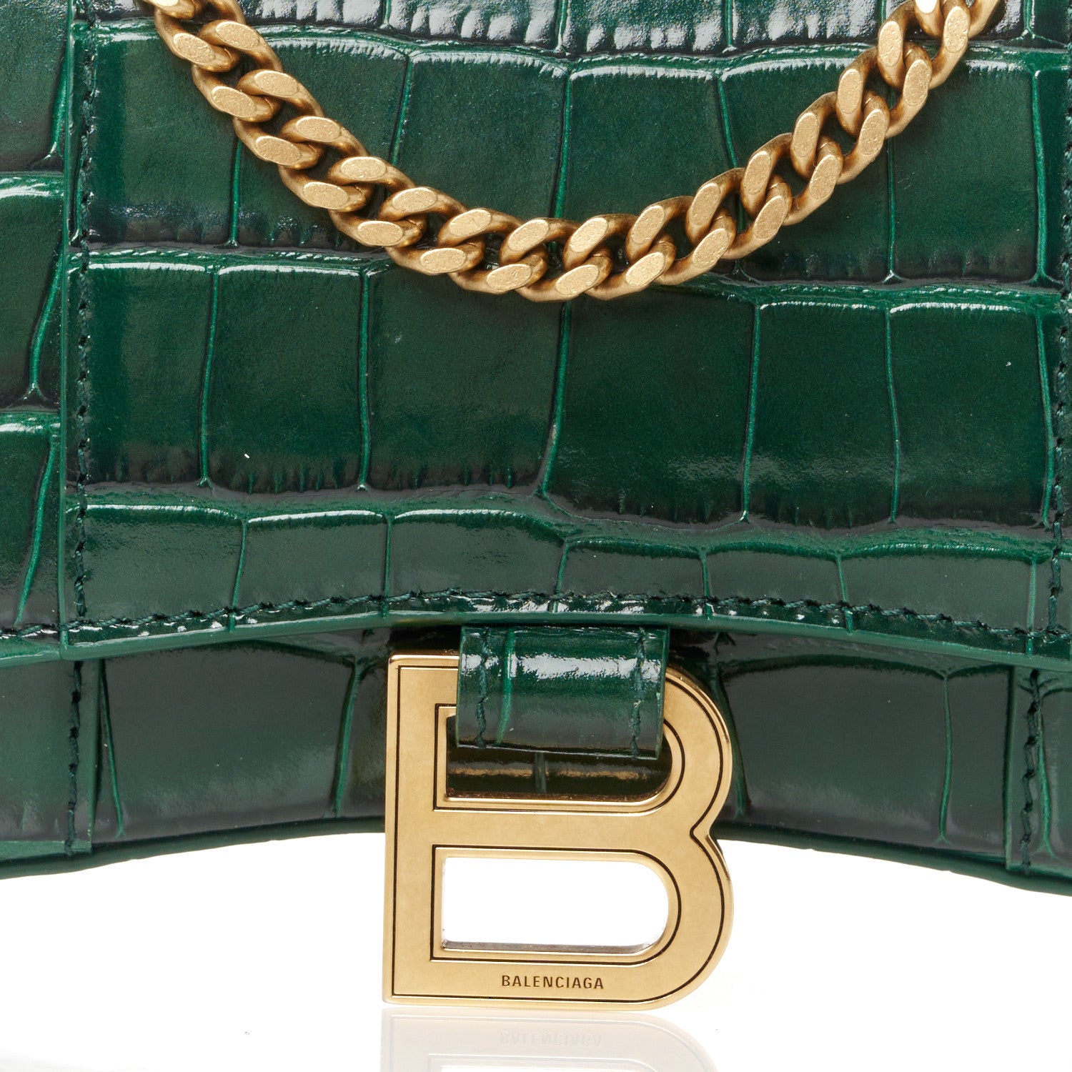 Balenciaga Shiny Calfskin Crocodile Embossed Hourglass Chain Bag Forest Green 9 of 11