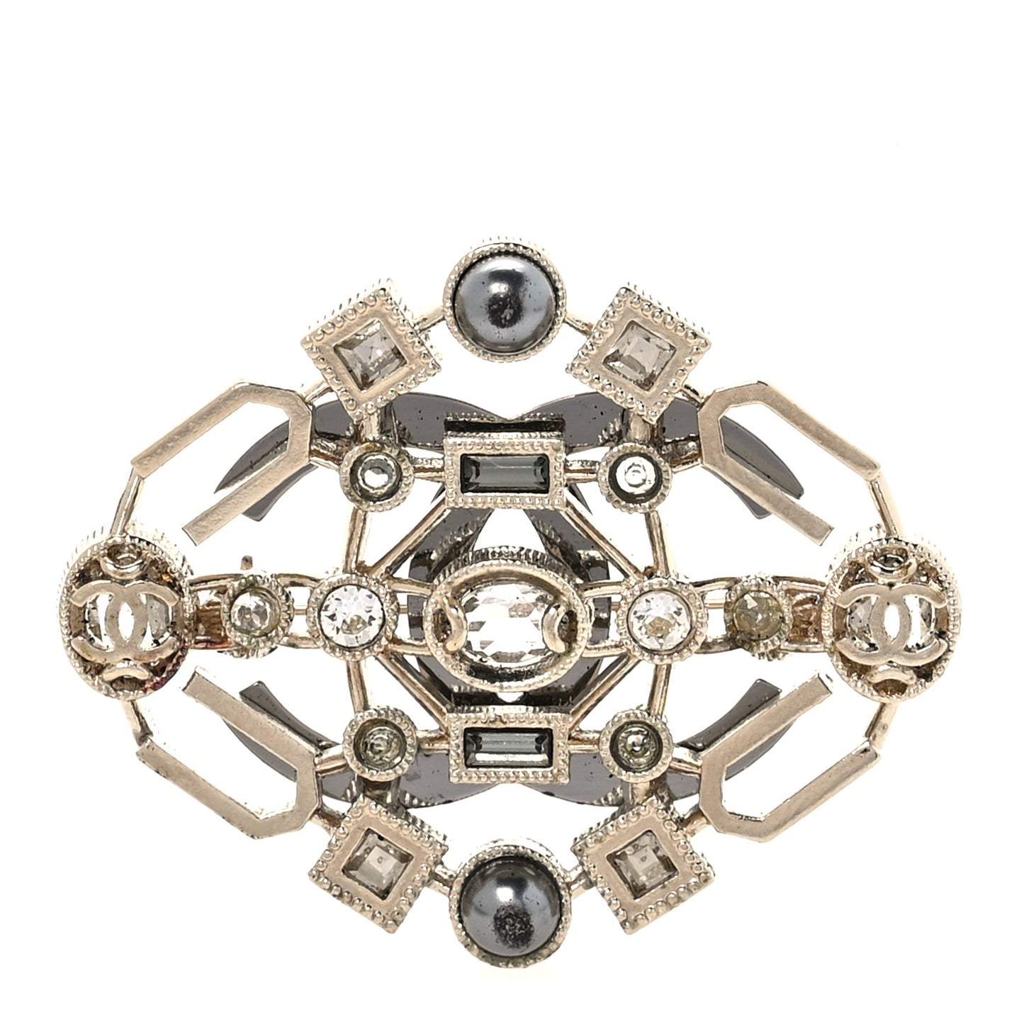 Crystal Pearl CC Brooch Gold Black