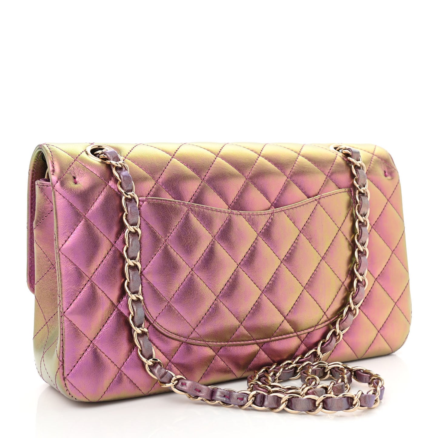 Iridescent Lambskin Quilted Medium Double Flap Purple