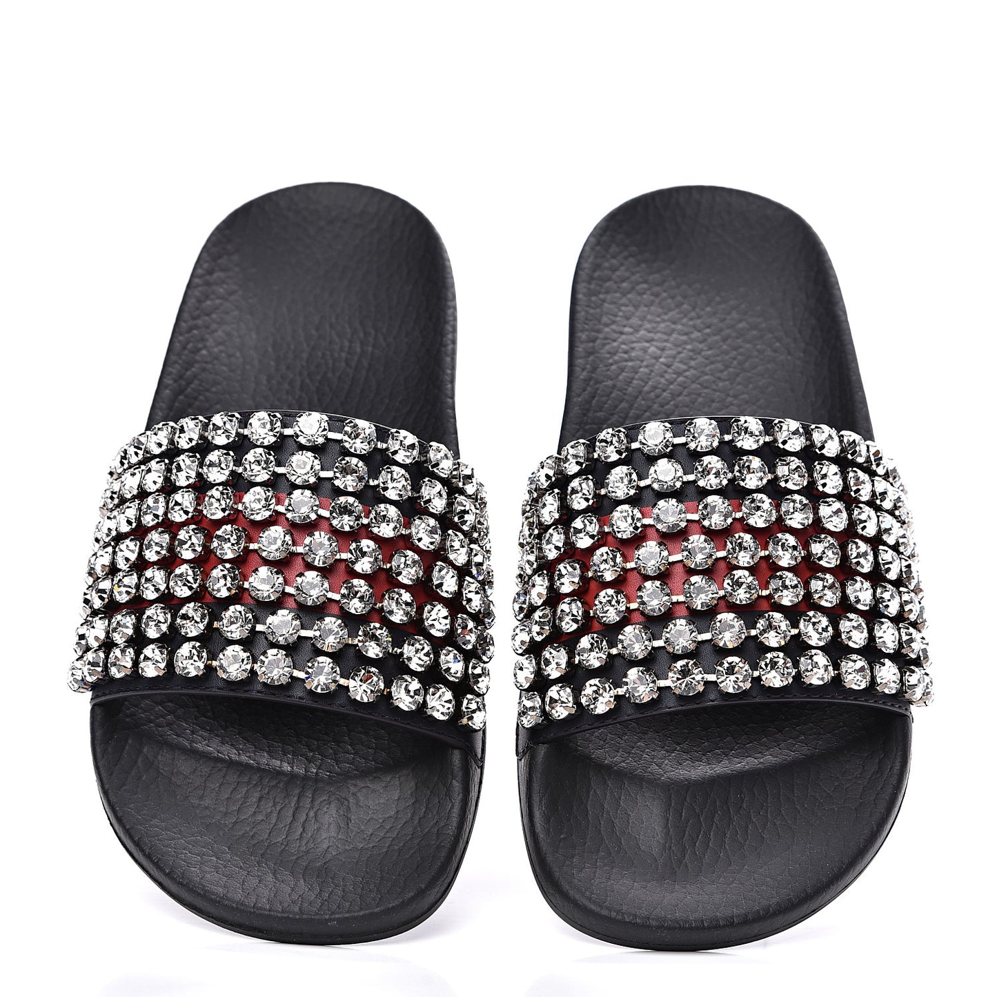 Calfskin Crystal Embellished Web Slide Sandals 36 Blue Red
