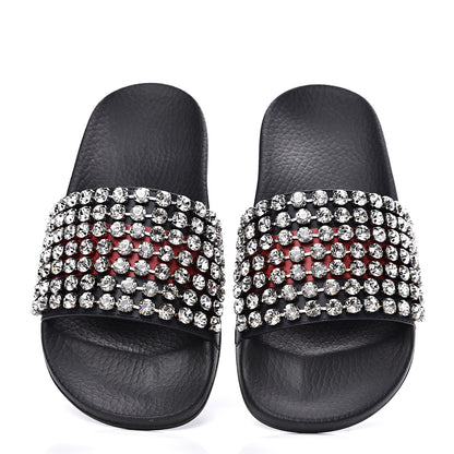 Gucci Calfskin Crystal Embellished Web Slide Sandals 36 Blue Red 3 of 8