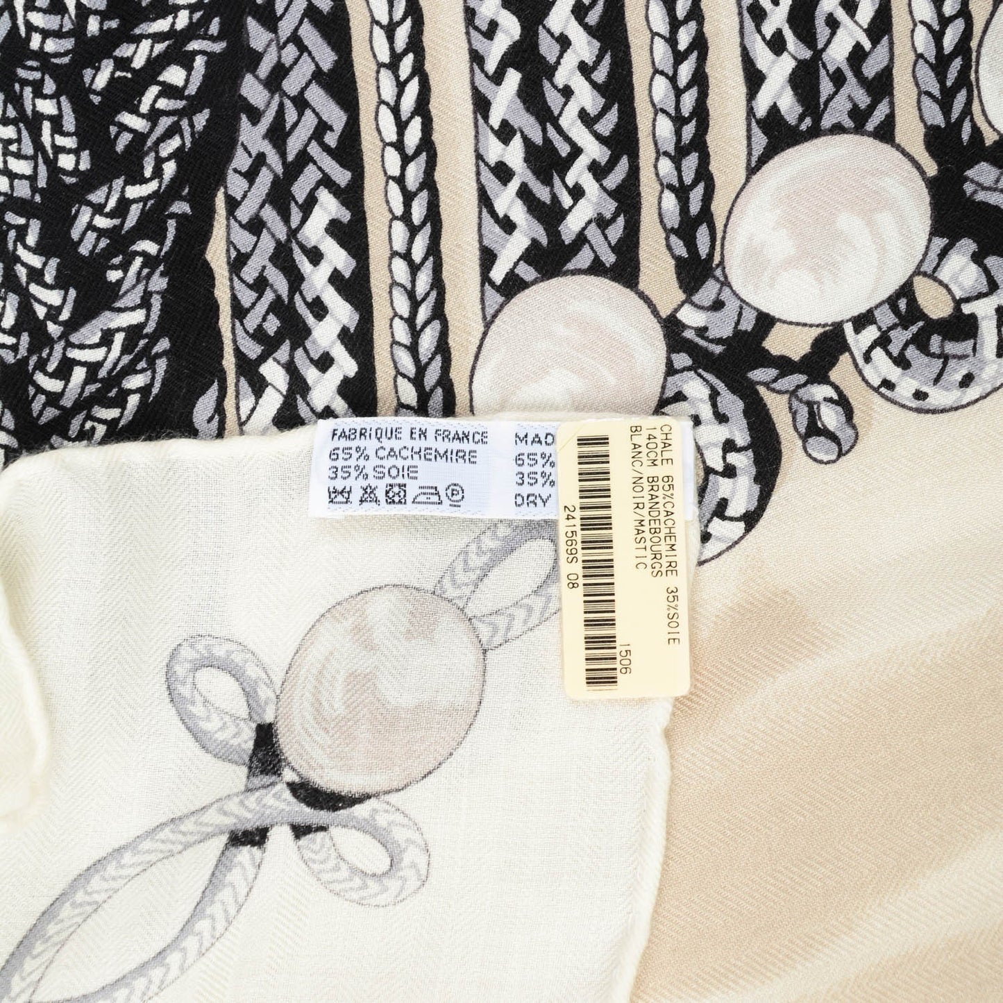 Cashmere Silk Brandebourgs Scarf 140 Blanc Noir Mastic