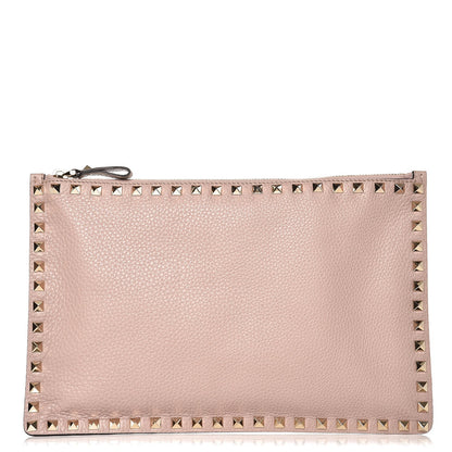 Valentino Garavani Pebbled Calfskin Large Rockstud Zip Pouch Poudre 1 of 9